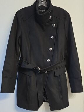 Kenneth Cole Black Asymmetric Button Wool-Blend Pea Coat